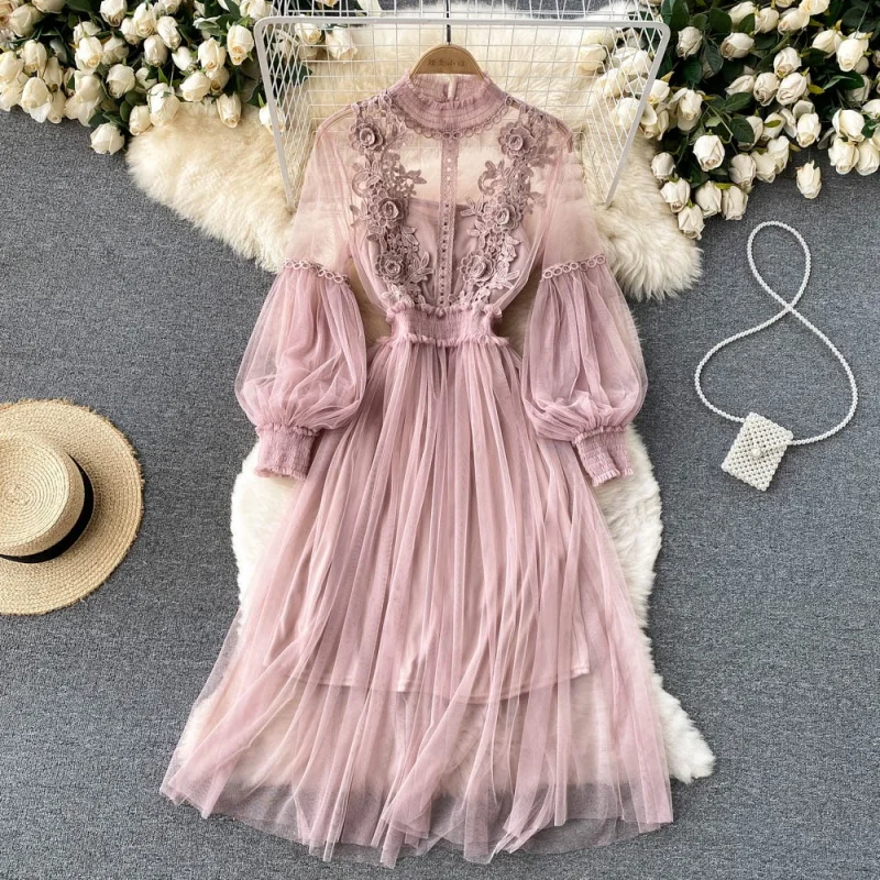 Robe longue en dentelle à fleurs et maille, manches lanternes, blanche, pour femmes, tenue de soirée
