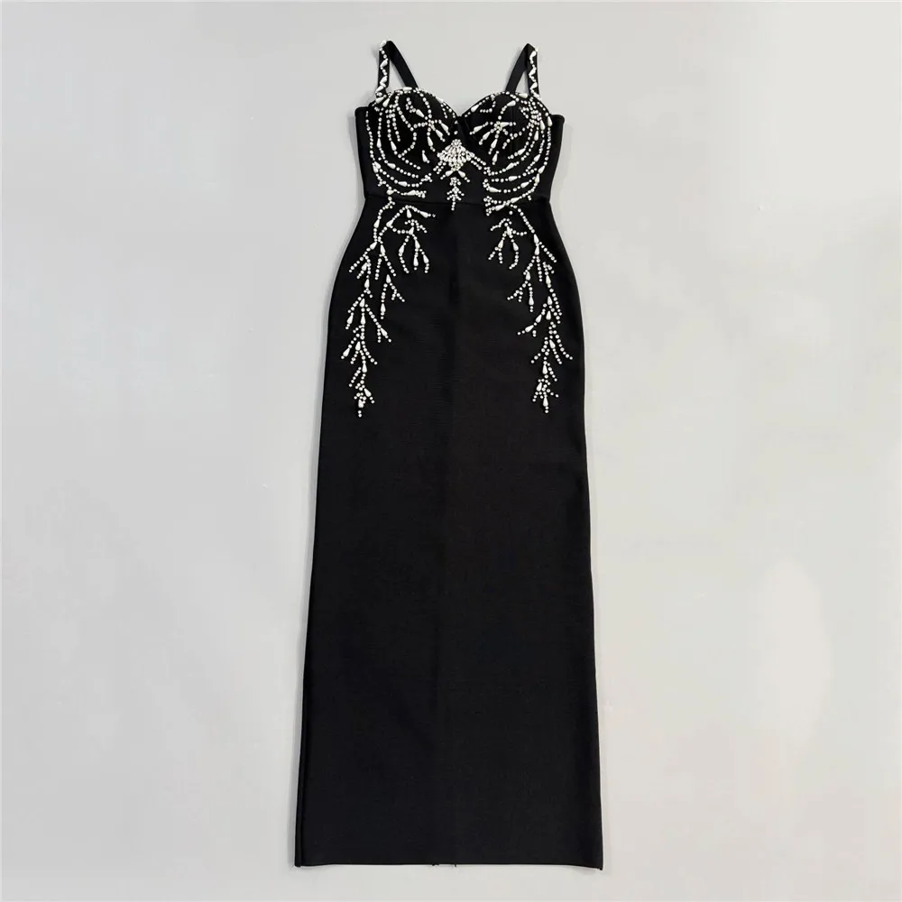 Femmes élégantes perles robe de pansement Spaghetti sangle moulante vêtements Club fête robes de soi