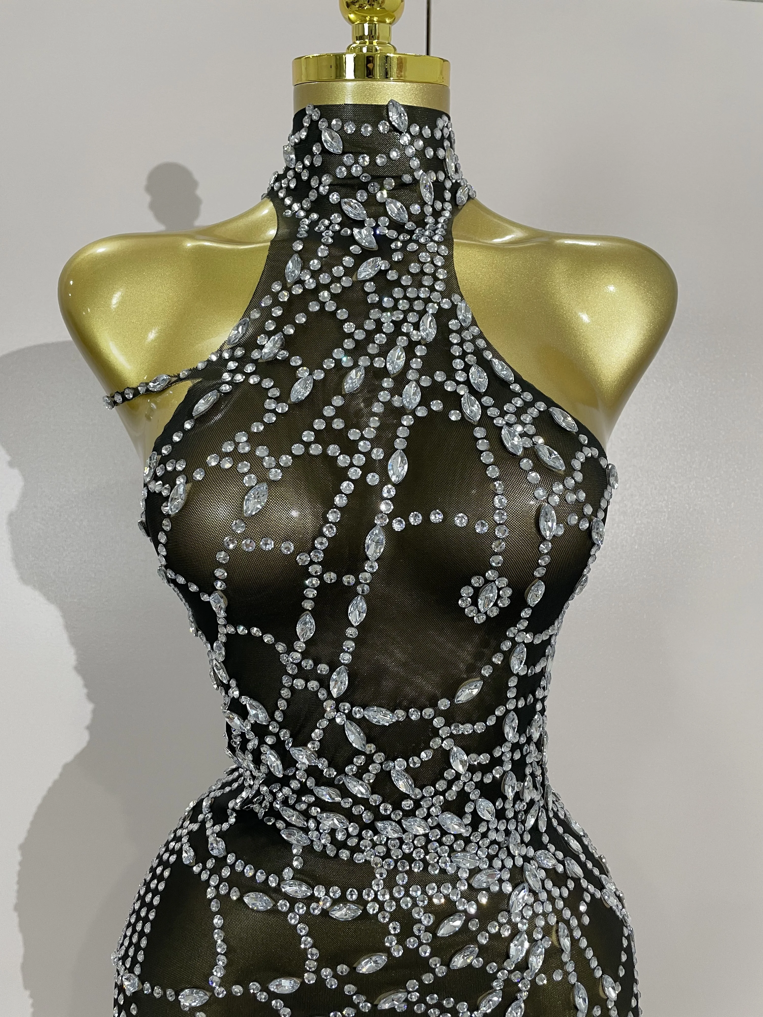 STOCK brillant diamant Sexy maille asymétrique moulante Mini robe femmes discothèque Bar fête specta