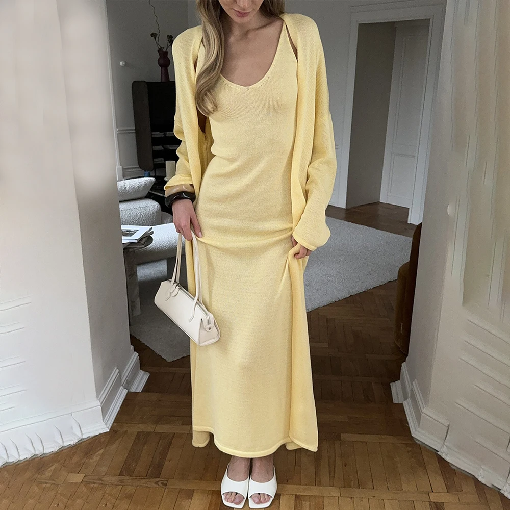 Tuularose femmes robe longue 2 pièces solide tricoté Spaghetti sangle robe à manches longues Cardiga