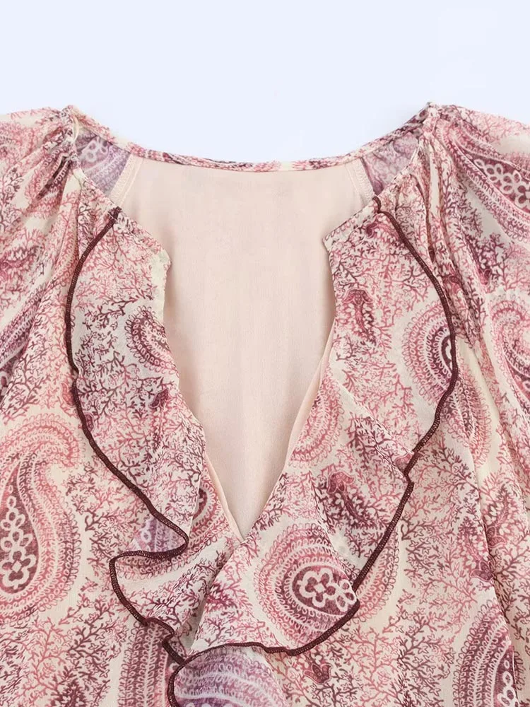 Robe MIDI d'été en mousseline de soie pour femmes, imprimé Vintage, col en v, volants en cascade, ma
