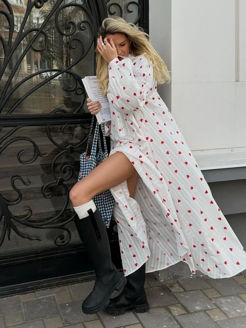 Bornladies-Robe Jacquard à manches longues pour femmes, 100% coton, imprimé cœur, mode éducative, vi