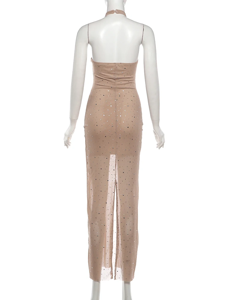 Robe de soirée sexy Kliou pour femme, décoration en faux diamants, col rond, épaules dénudées, taill