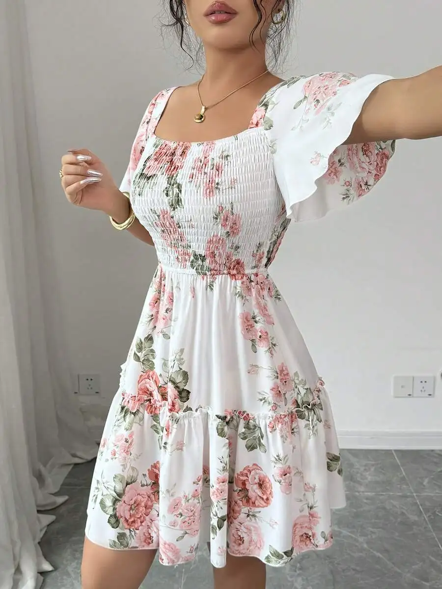 Robe décontractée à manches courtes pour femmes, imprimé floral, avec ceinture et ourlet à volants,