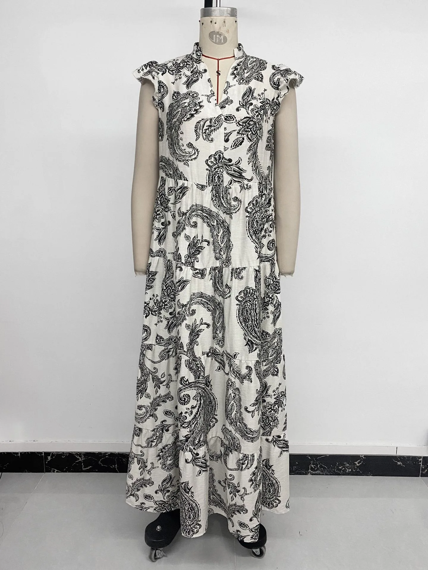 Robe longue décontractée d'été pour femmes, imprimé floral, volants, col en V, manches courtes, styl