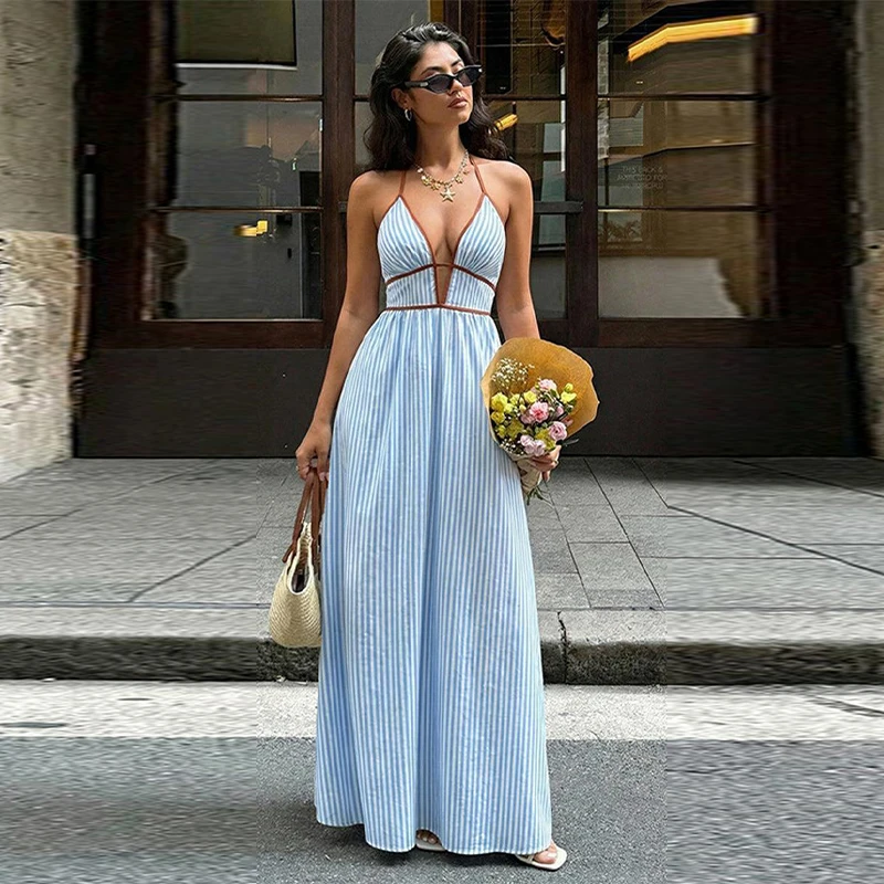 Robe longue femme rayée bleue et blanche, col halter, été 2026, décolleté plongeant, dos nu, taille 