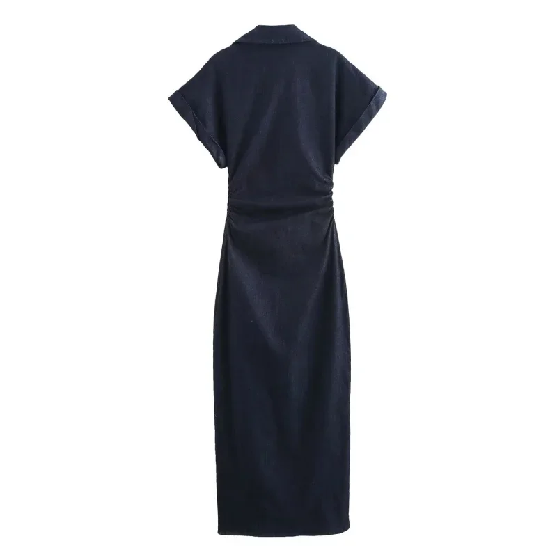 Printemps nouvelle série 1975 denim robe MIDI avec revers côté fermeture éclair mode rides taille mi