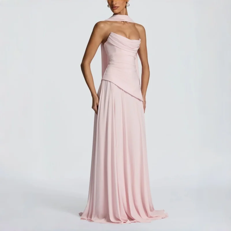 Robe de soirée rose poudré pour femme, col bénitier, dos froncé, à lacets, sans manches, élégante, p