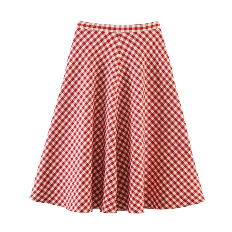 Jupe midi trapèze rouge à carreaux pour femme – Taille haute, ourlet évasé, jupe décontractée de pri