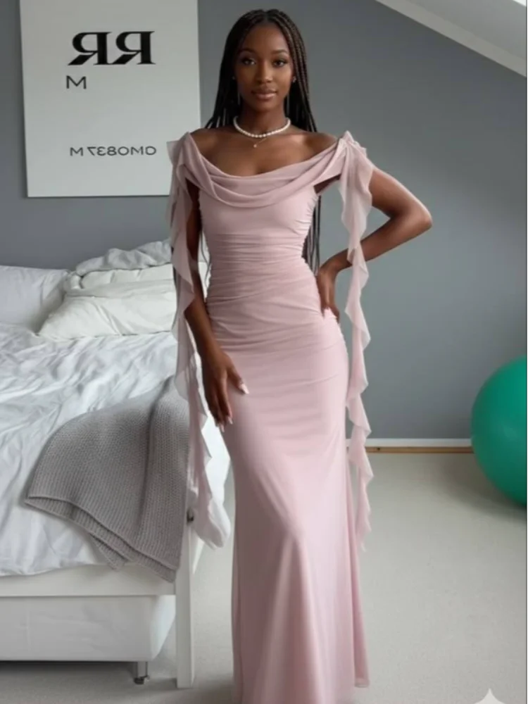 Robe de soirée élégante pour femme, style célébrité, à volants superposés, épaules dénudées, fluide,