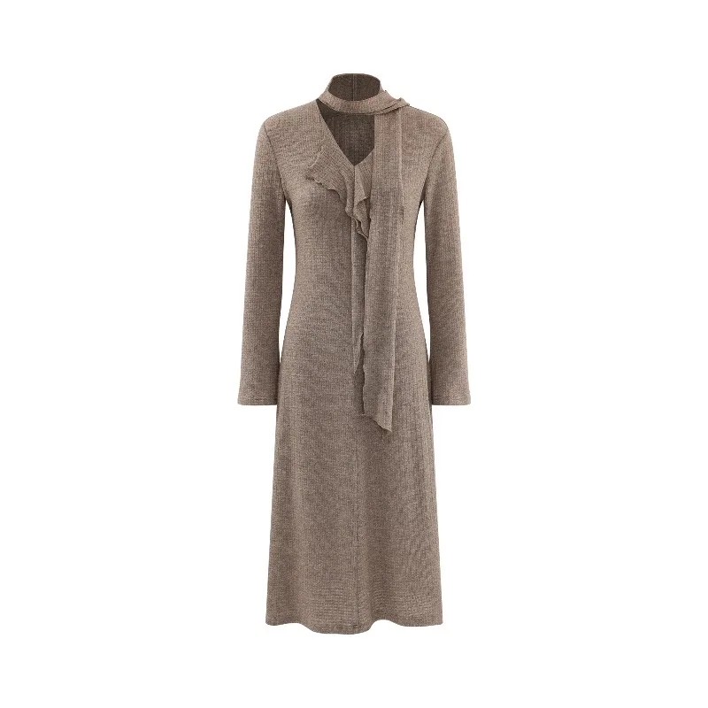 Robe française élégante en tricot, col en v, manches longues, élastique, Maxi, Design asymétrique, r