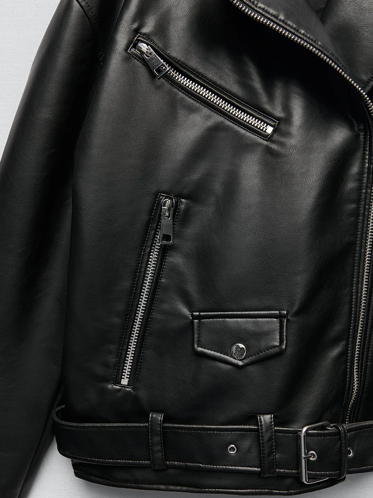 Ailegogo femmes ample moto motard noir Pu Faux cuir veste avec ceinture printemps automne femme mant