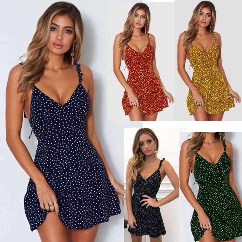 Robe camisole sexy à lacets pour femmes, mini robe d'été à pois, bretelles fines, robe d'été décontr
