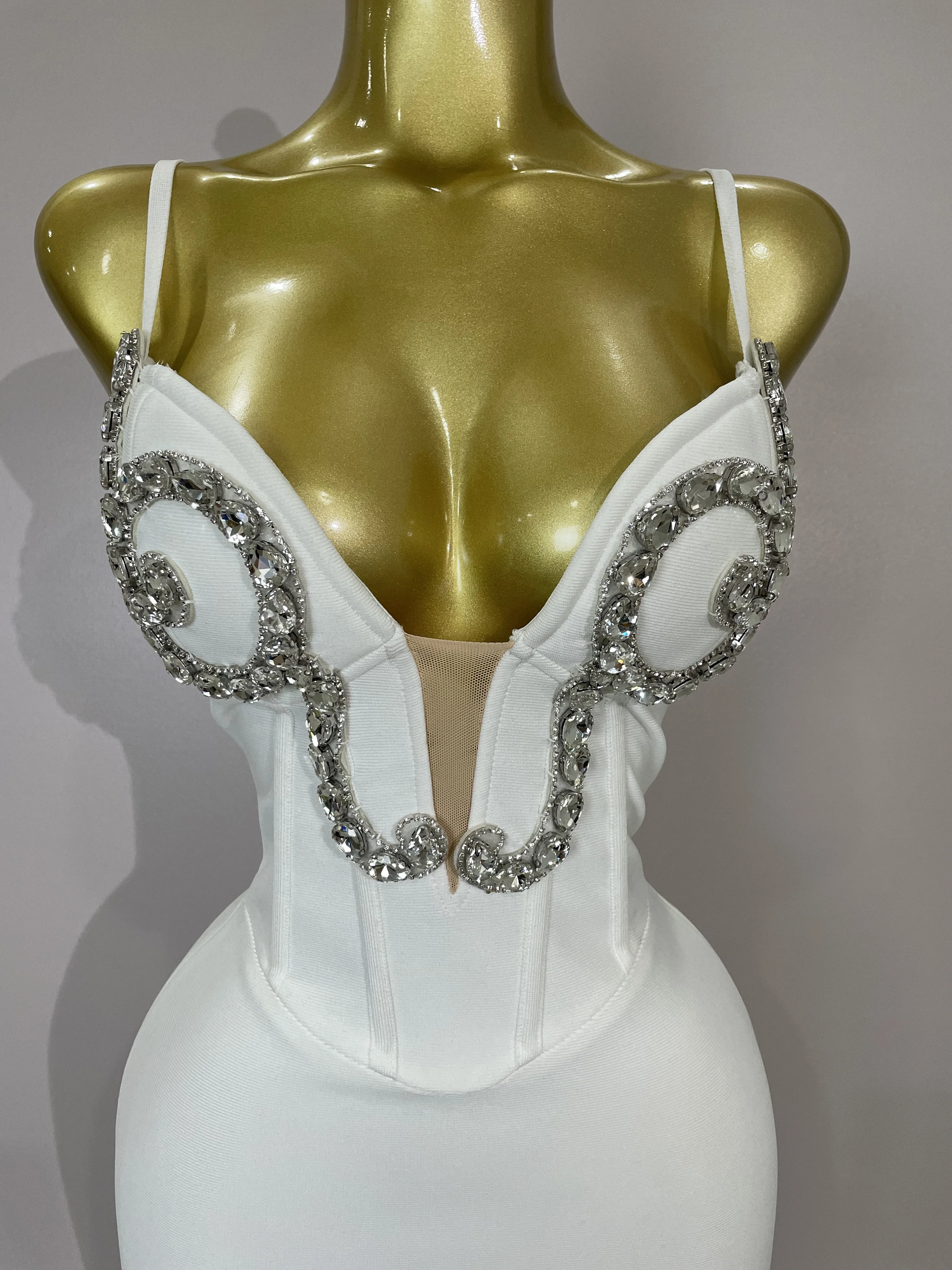 Robe à bandes blanche, Sexy, bretelles Spaghetti, col en V, cristal, sans manches, élégante, soirée,