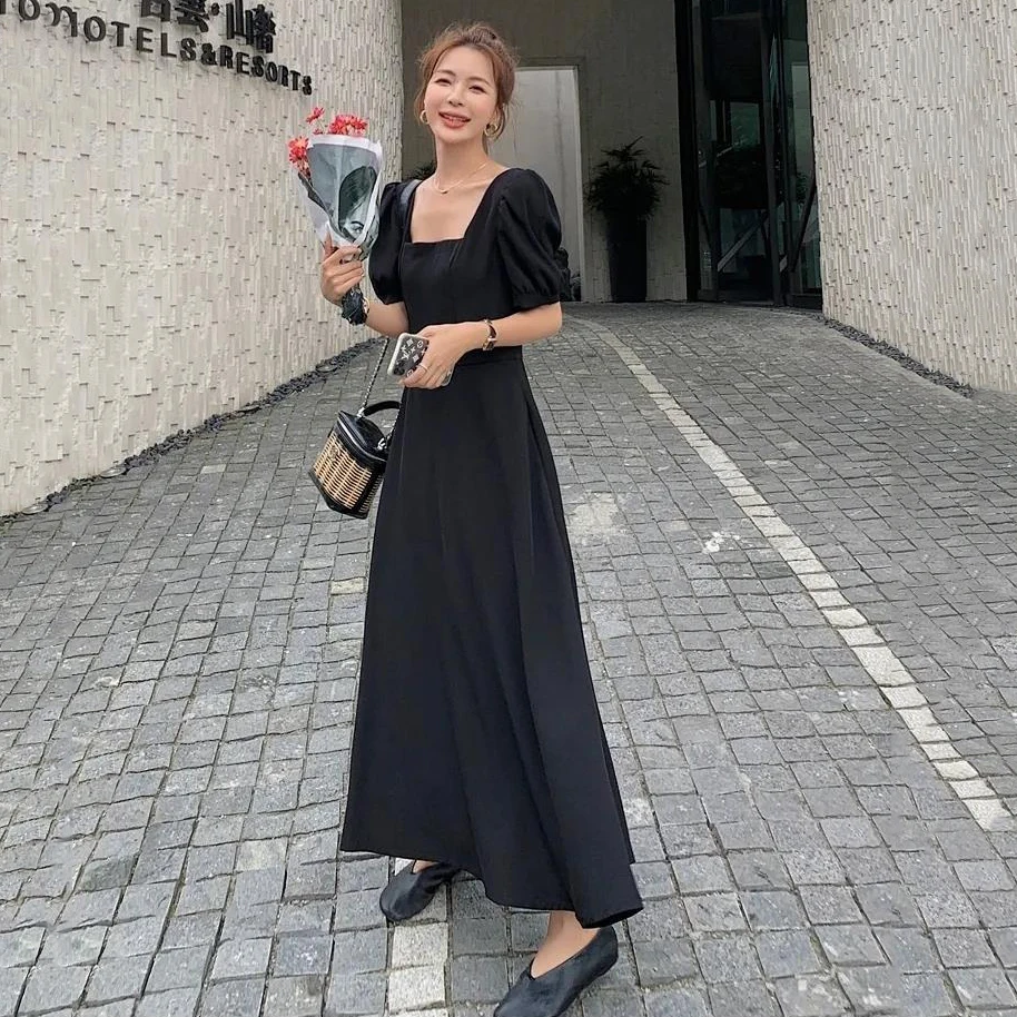 Robe Chic Vintage Noire pour Femme, Taille Haute, Col Carré, Manches Bouffantes, Nministériels d Tra