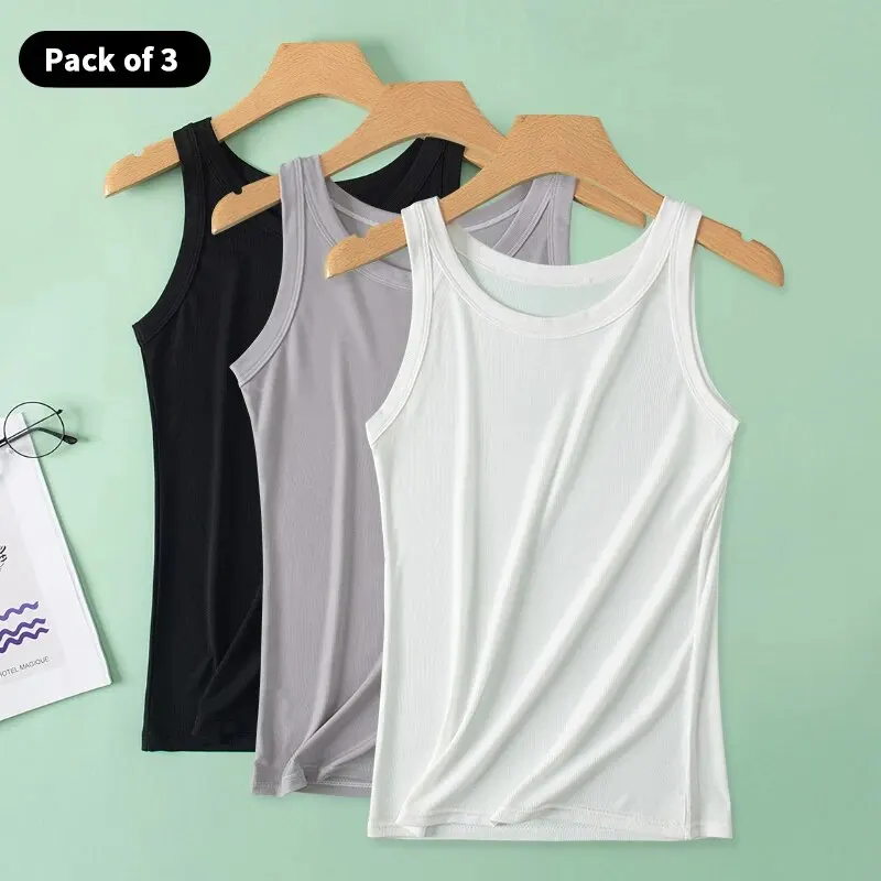 Gilet de couleur unie pour femmes, 3 pièces, mode Joker, Camisole filetée pour jeune femme