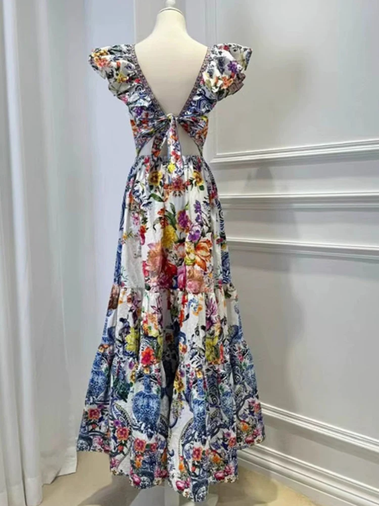 Robe rétro sexy à col en V profond pour femmes, manches Feifei imprimées, jupe haute, nouvelle robe 