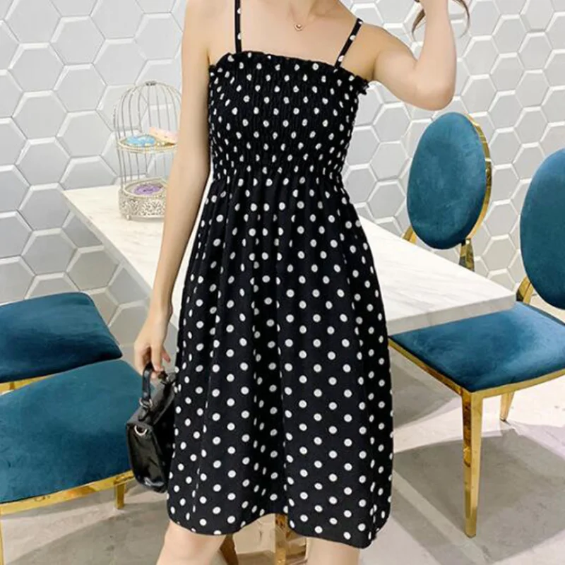 Mini robes d'été mode femme élastique taille haute décontractée Spaghetti sangle robe sans manches f