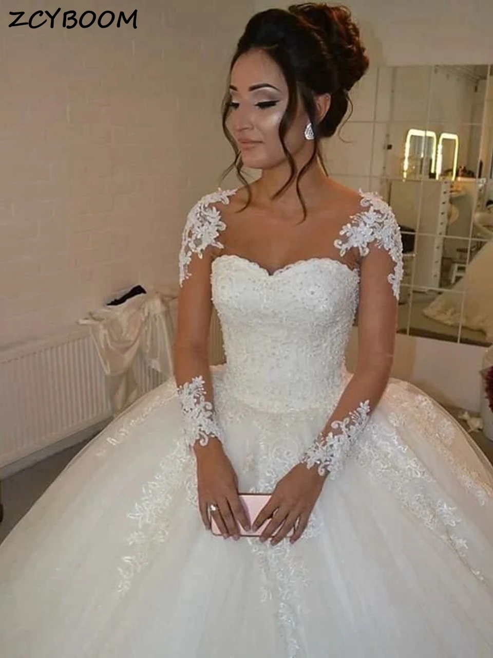 Robe de mariée blanche/ivoire 2026, robe de bal illusion, appliques en dentelle, robe de mariée élég