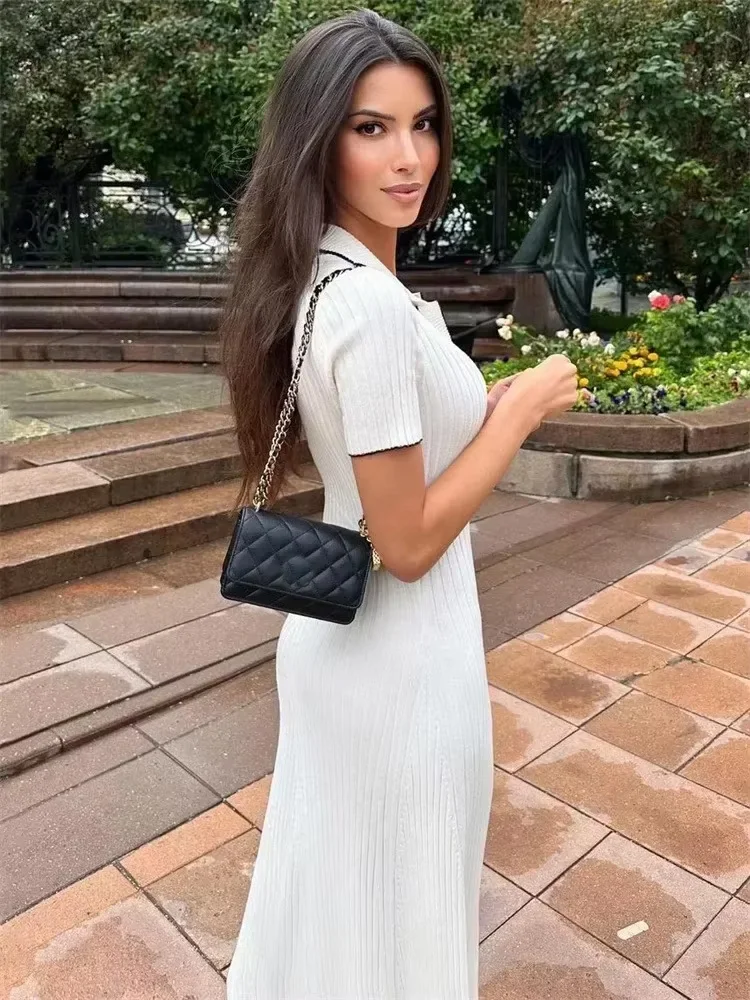 Tossy blanc tricot mode robe Maxi pour les femmes à manches courtes Patchwork robe de soirée élégant