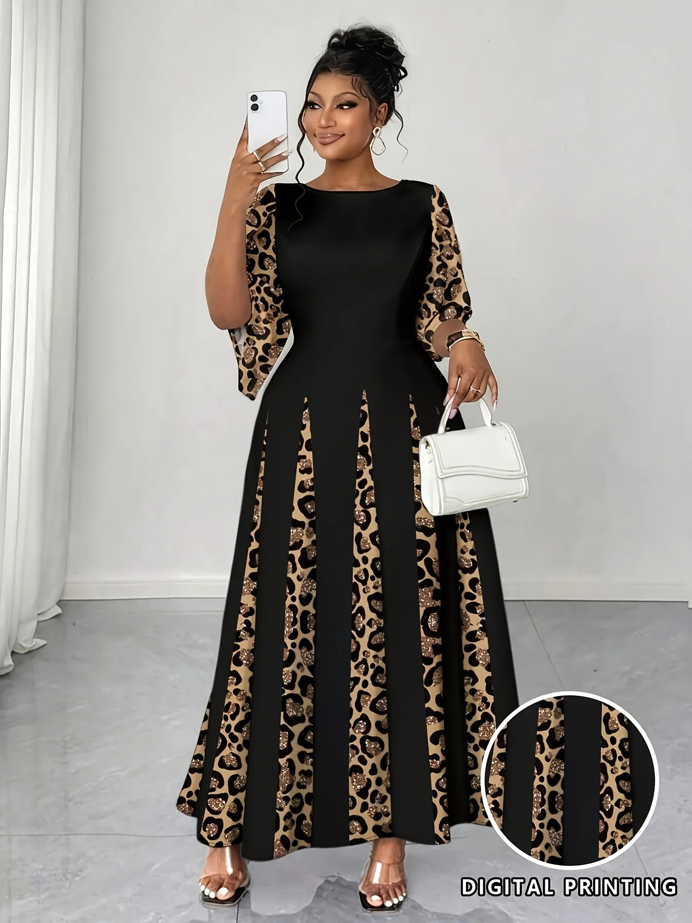 Robe maxi élégante à imprimé léopard, robe longue à manches longues tendance grande taille, vêtement