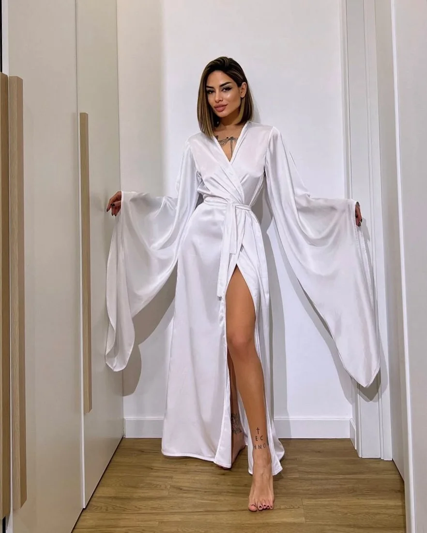 Robe de soirée en satin noir, sexy, col en V, manches évasées, en taffetas, pour bal de promo, robes