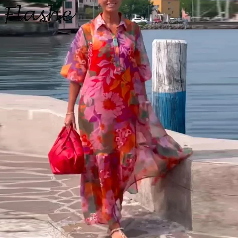 Robes bohème d'été pour femmes, décontractées, col rabattu, boutons, manches courtes, Robe de plage,