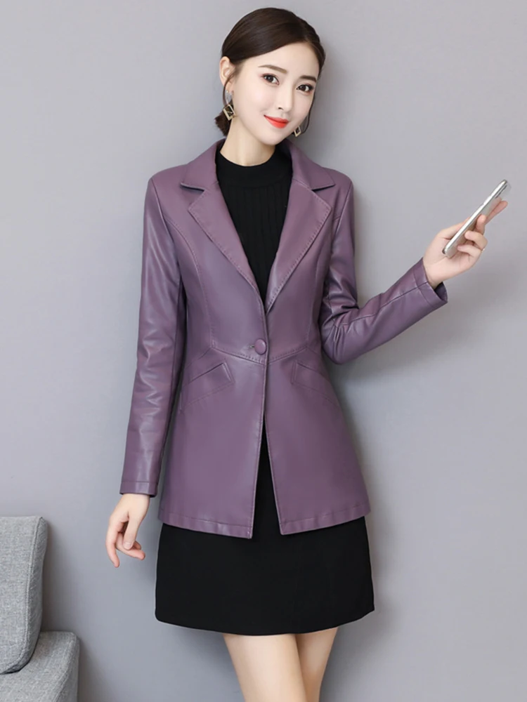 Nouveau Femmes Veste en cuir Automne Hiver Mode Classique Bouton unique Slim Blazer en cuir de mouto