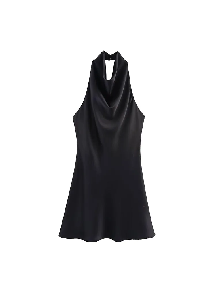 Robe Courte Halter Élégante en Satin pour Femme – Collection Été 2026 – Sexy, Dos Nu, Couleur Unie –