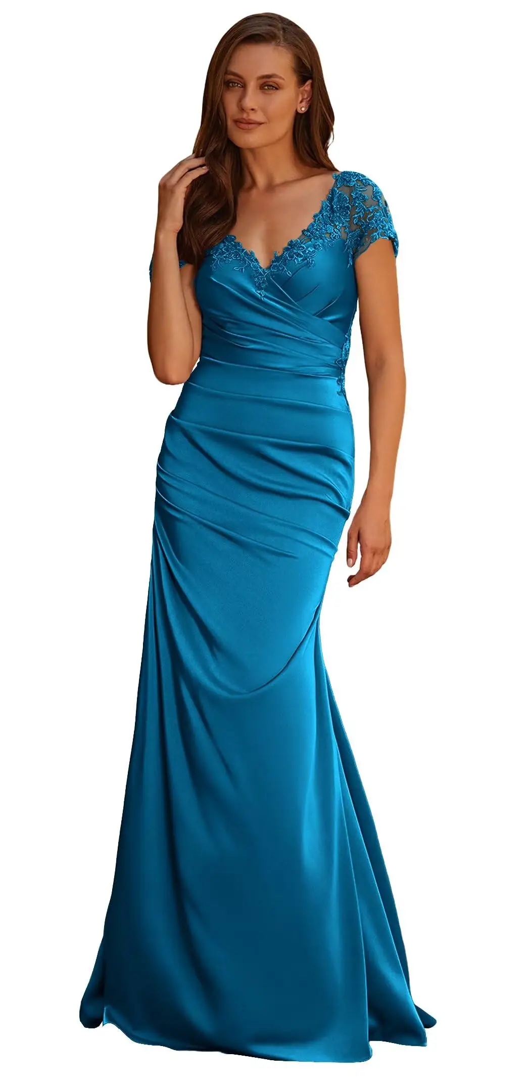 Robe longue en satin personnalisée pour la mère de la mariée, avec manches courtes en dentelle, coup
