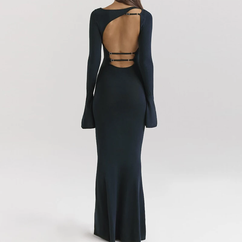 Robe longue en maille bleu nuit dos nu pour femme, élégante, à manches évasées, moulante, coupe sirè