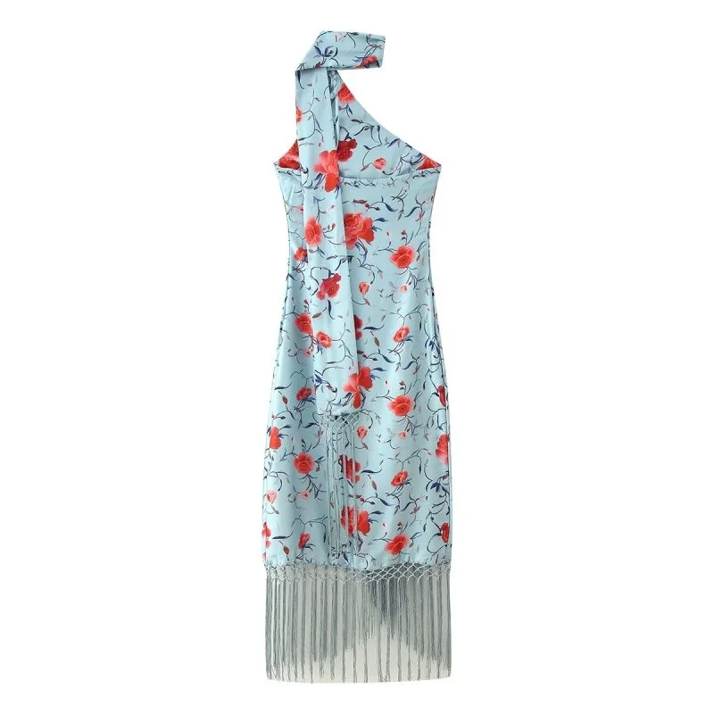 Robe longue de soirée asymétrique à imprimé floral en satin pour femme, col halter, bordure à frange