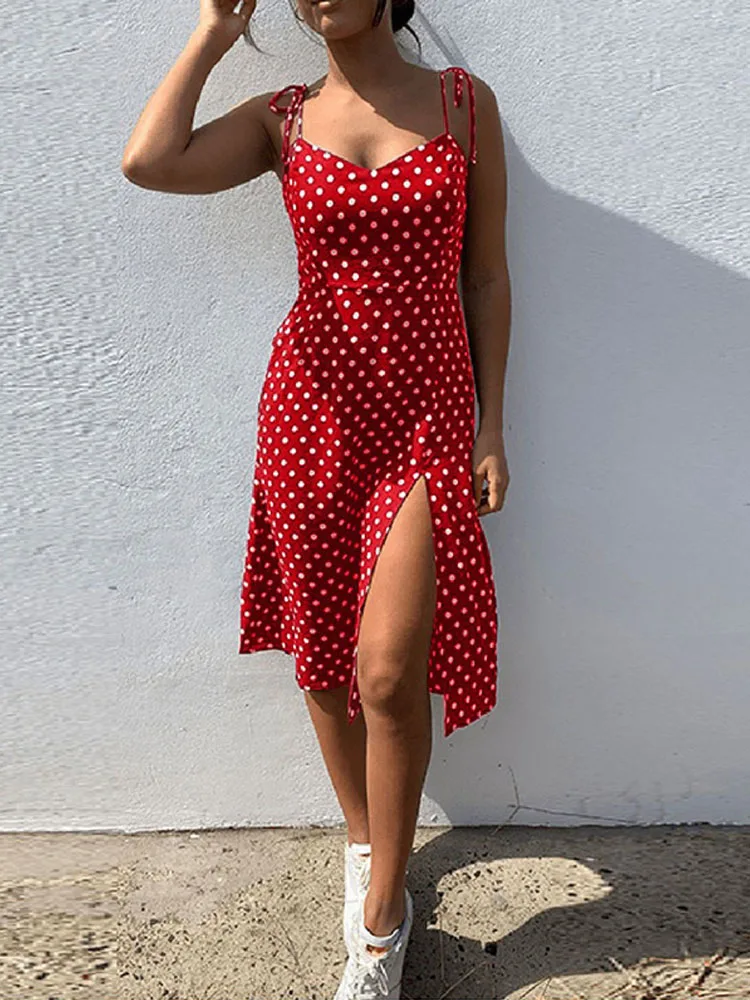 Robes robe d'été femmes casual à pois sans manches haute plissée taille élastique col en v robe De p