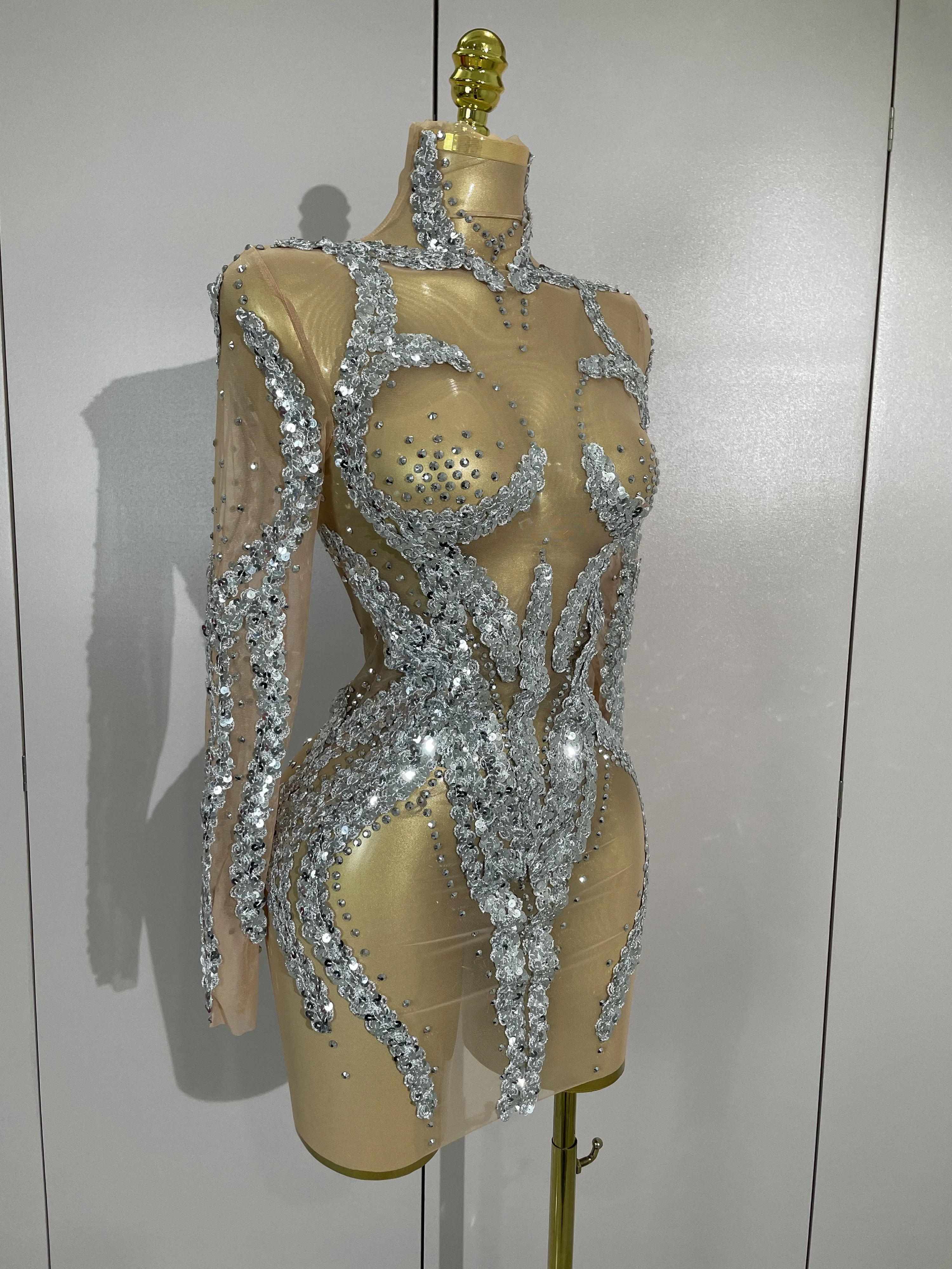 STOCK strass scintillants Sexy maille transparente Mini robe réveillon fête d'anniversaire danse dis
