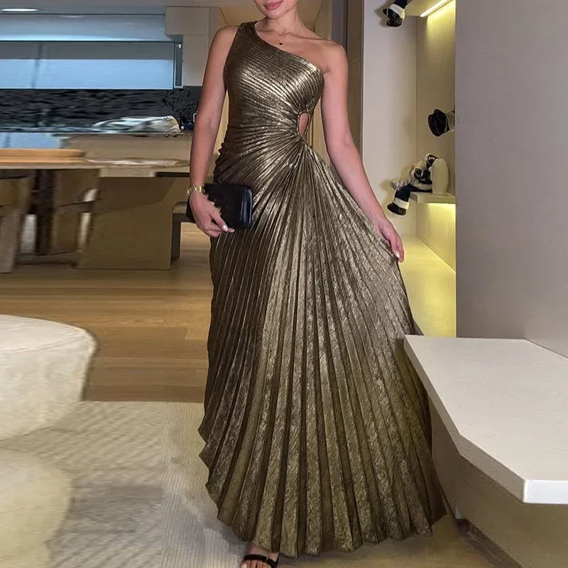 Robes pour femmes Sexy symétrique creux plis robe longue dames mode col incliné taille haute robe de