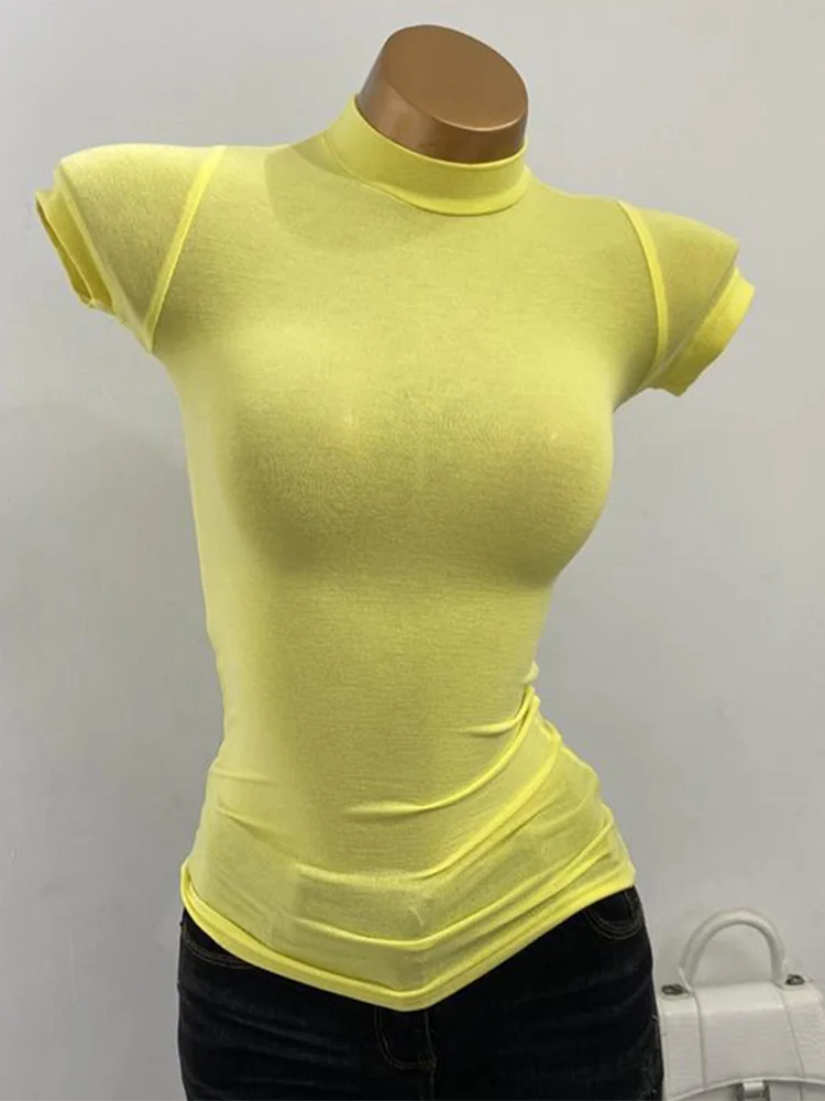 T-shirt col mi-haut coréen Transparent à manches courtes coupe ajustée élastique solide chemise à fo