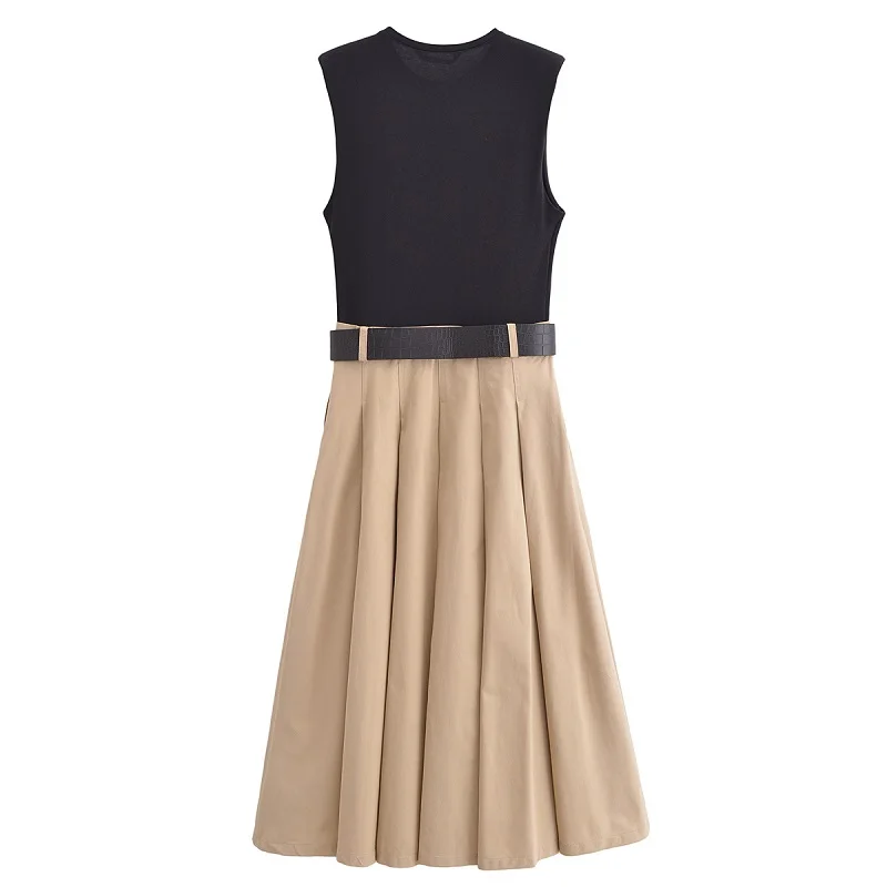 MUJER 2025 femme robes ceinture plissée robe mi-longue femmes sans manches robe d'été femme tricoté 
