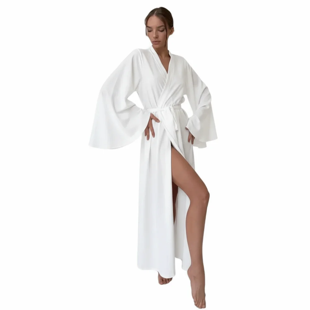 Robe en satin unie style sexy, taille haute, manches longues, ceinturée, avec fente, douce et ample