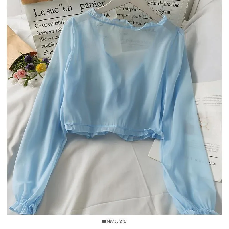 Manches longues mince respirant T-shirts femmes dentelle nœud Cardigan Blouse vêtements volants prot