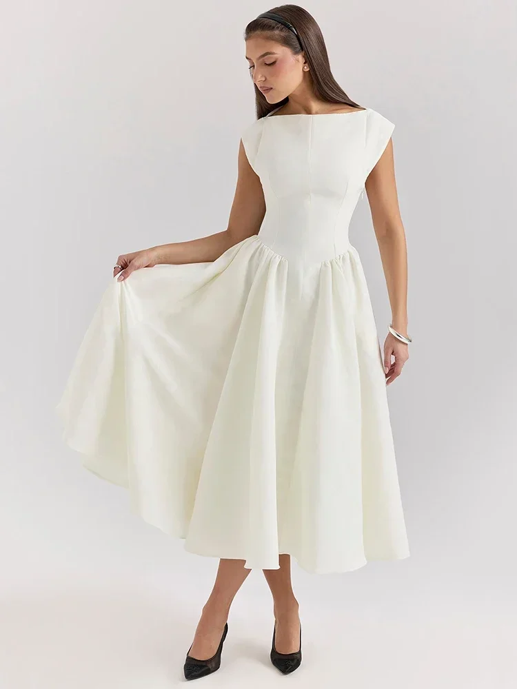 Oligai Robe Longue Crème Femme - Robe Élégante Manches Cape Dos Nu Coupe Cintrée Évasée pour Anniver