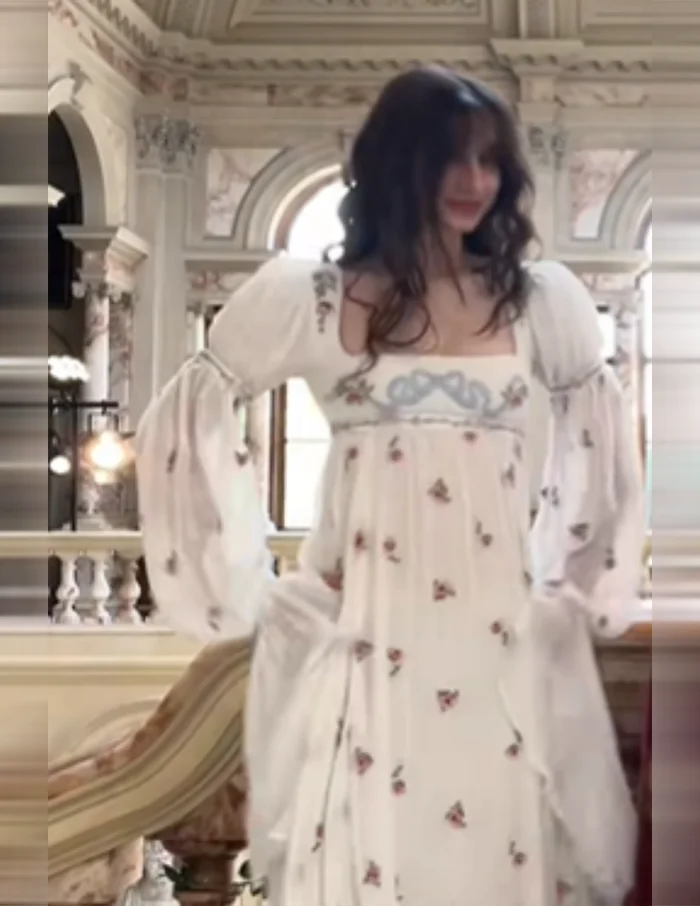 Robe longue florale Cottagecore pour femme, col carré, manches longues bouffantes, taille empire, en