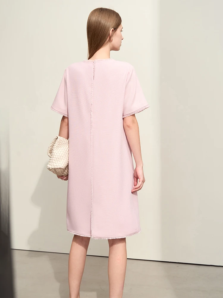 Amii-Robe mi-longue droite à manches courtes pour femmes, robes minimalistes, pompon épissé, léger,