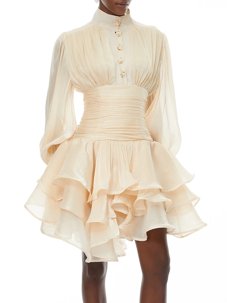 TWOTWINSTYLE élégant minceur épissé volants plis Mini robes pour les femmes col montant manches long