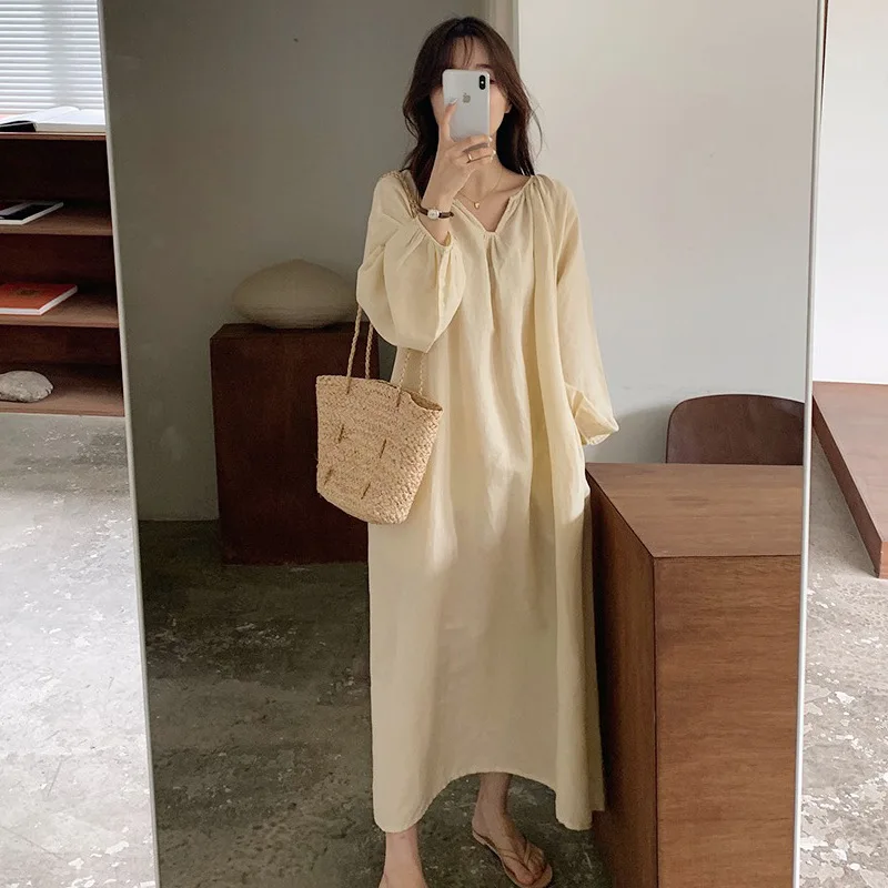 Robe pyjama vintage 100% coton pour femmes, col en V, manches longues, style coréen, confortable, te