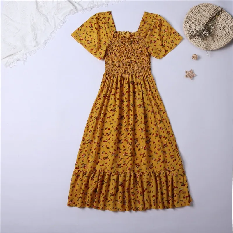 Printemps été robe en mousseline de soie femmes robes mi-longues femme à manches courtes taille élas