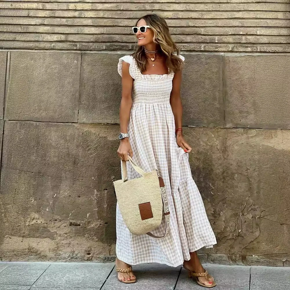 Robe longue plissée sans manches à fines bretelles et volants, style rétro à carreaux, pour femmes e