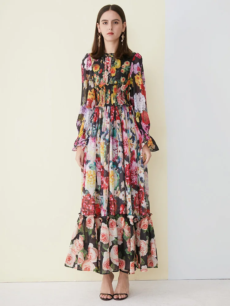 Robe d'été élégante en mousseline de soie pour femmes, imprimé floral, manches longues, col à volant