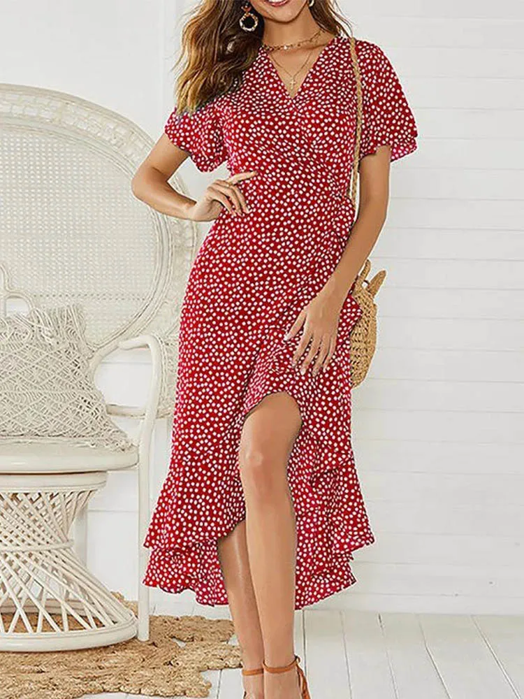Robe longue en mousseline de soie pour femmes, imprimé floral, style boho, volants ronds, décontract