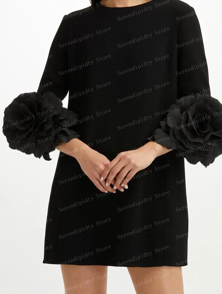 Robe en Satin à col rond pour femmes, manches longues, robe droite à fleurs, mini-robe à roses noire