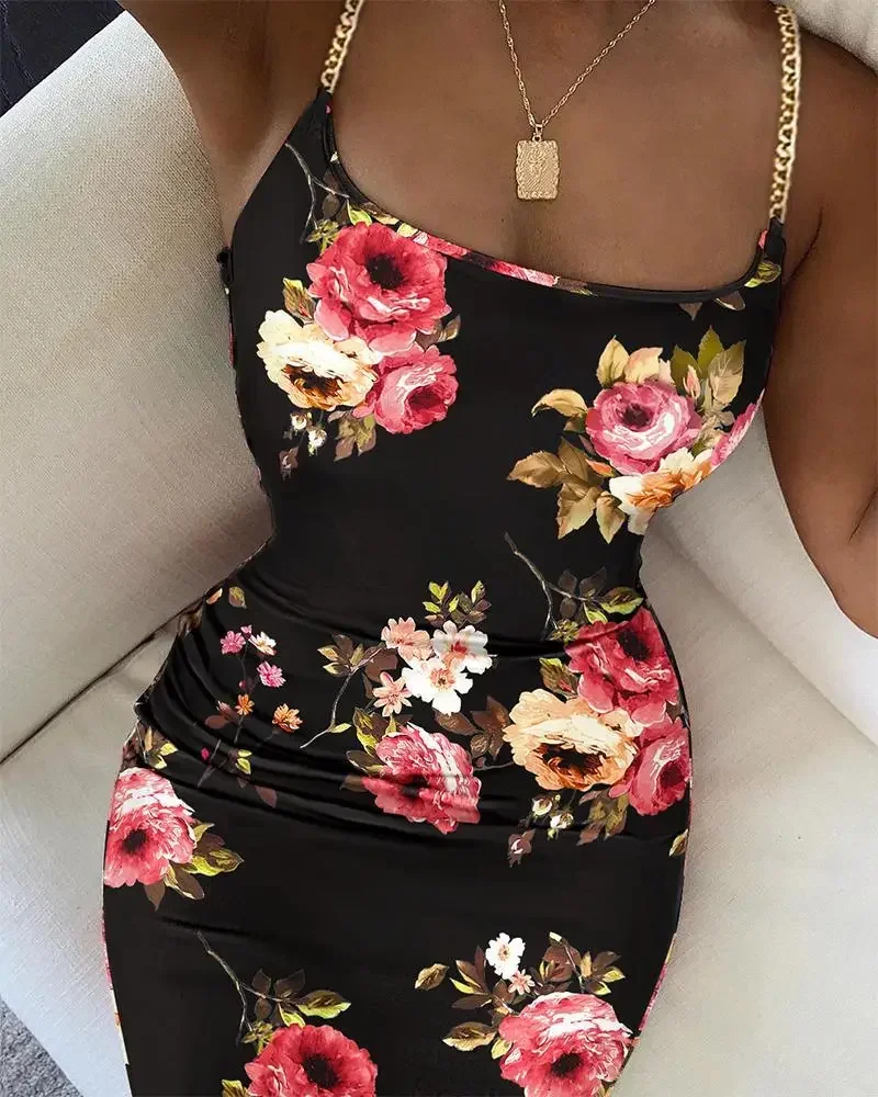 JODecor-Robe moulante à imprimé floral pour femmes, bretelles spaghetti, batterie, élégante, sexy, é